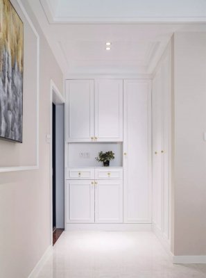 113㎡清新美式风三居室，双面玄关收纳柜+石膏线背景墙真漂亮，内附平面设计图！